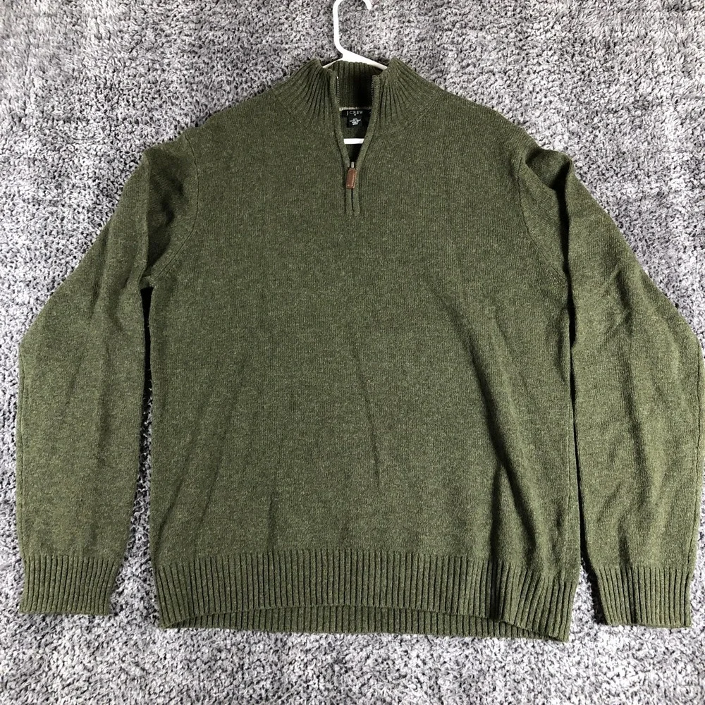 J. Crew Sweater Mens Large Green 1/4 Zip Mock Neck Lambswool Pullover Knit